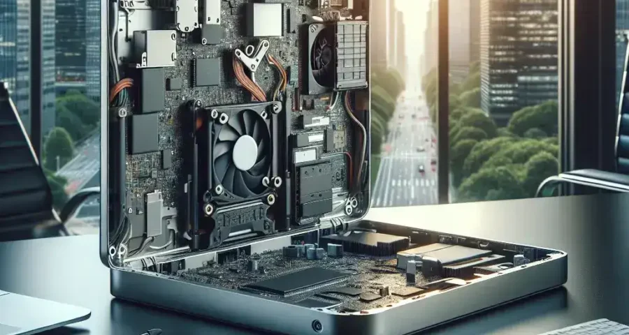 "Repair-first device in a corporate office setting, showcasing its modular design and ease of maintenance, emphasizing the benefits of sustainability and cost-effectiveness in enterprise computing."