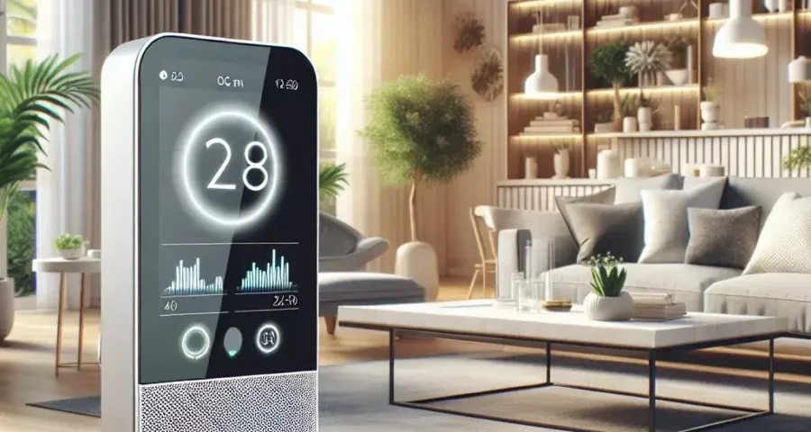 "Ecobee Smart Air Monitor displaying real-time VOC detection and air quality metrics in a modern home setting."