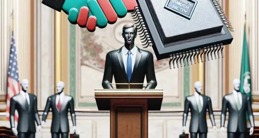 "Former President Donald Trump speaking at a press conference, expressing his demands for Congress to repeal the Bipartisan CHIPS Act aimed at bolstering the domestic semiconductor industry."