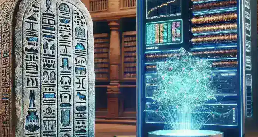 "AI algorithms analyzing fragmentary inscriptions to reconstruct lost ancient languages, showcasing the intersection of technology and archaeology."